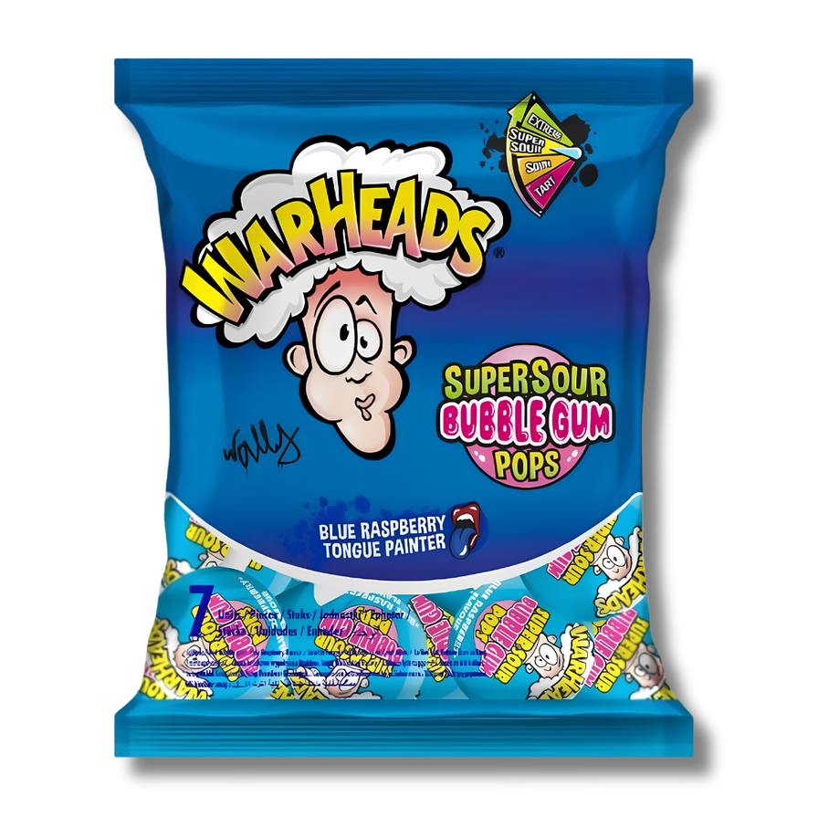 Warheads Super Sour Bubble Gum Pops snacks Lucky Hemp Blue Raspberry